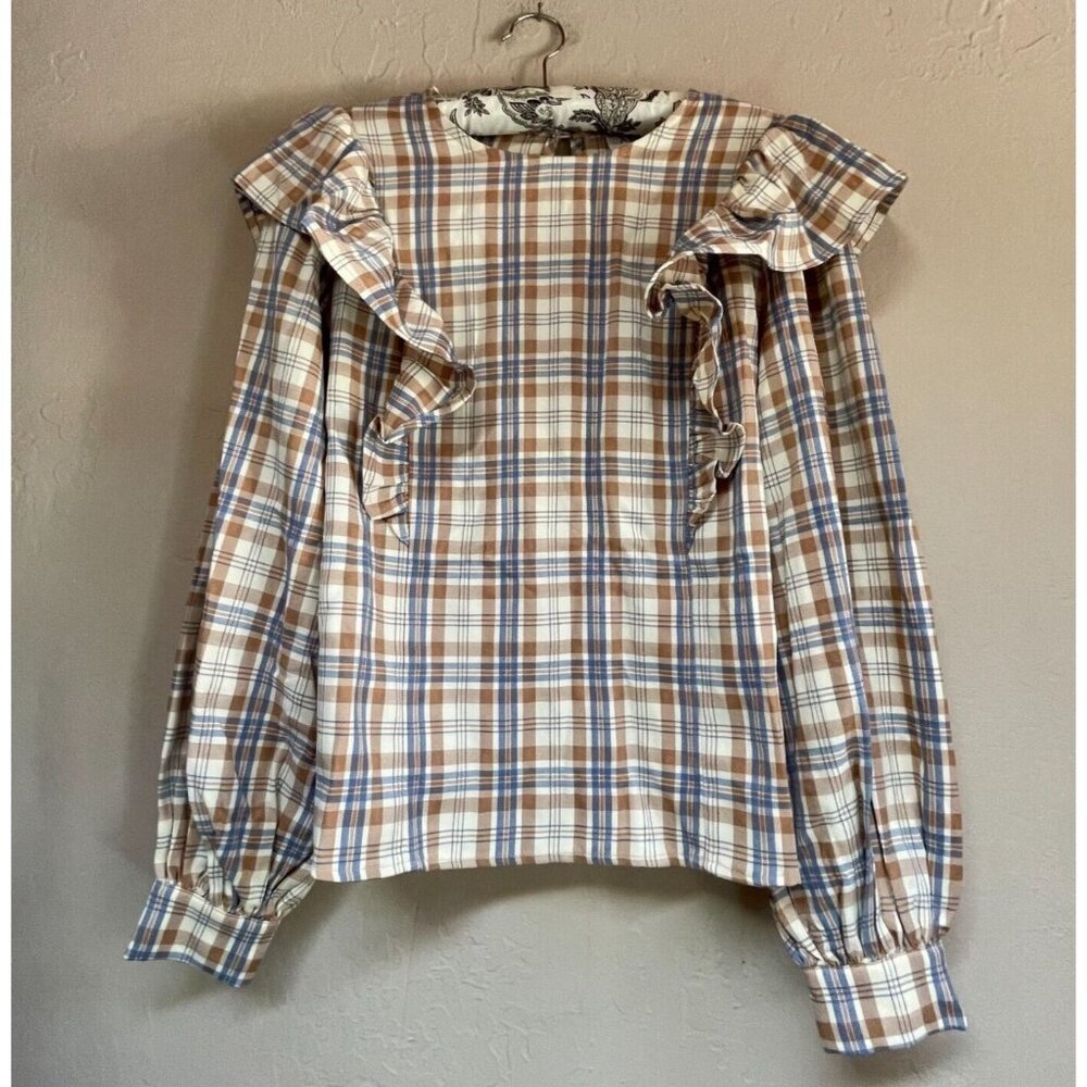 Aura Women's Medium Round Neck Brown Plaid Long Sleeve Ruffle Top Blouse NWOT - Picture 1 of 7